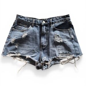 Distressed High-Waist Denim Shorts - Blue